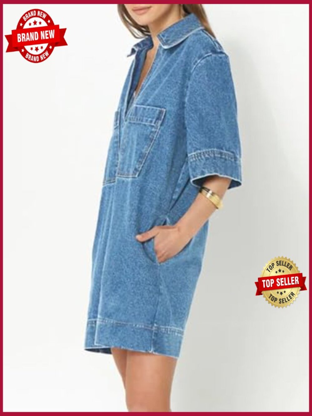 Denim Shirt Dress Mini Jean Dress with Pockets Deep V Neck - Picture 2 of 7
